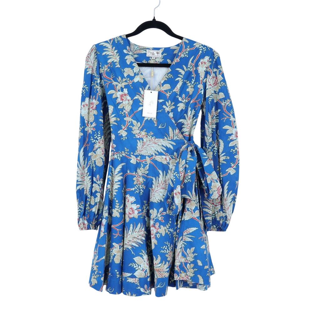 Mille Nan Wrap Dress Blue Floral Cotton Balloon Sleeve Mini Women's XS